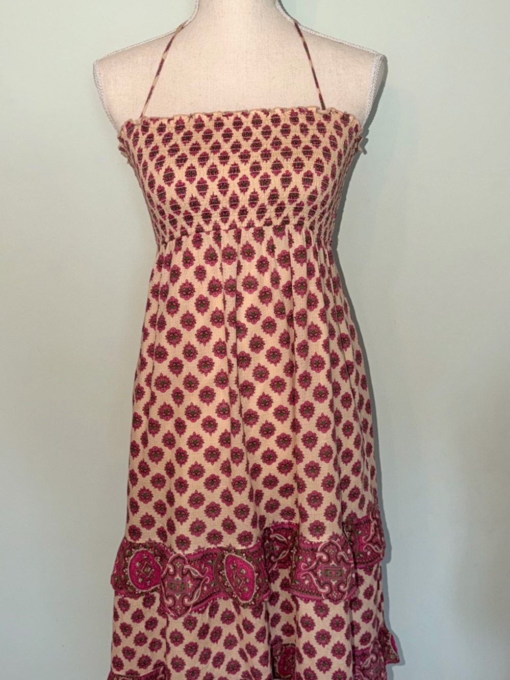 Juicy Couture Tan and Pink Halter Smocked Midi Dress